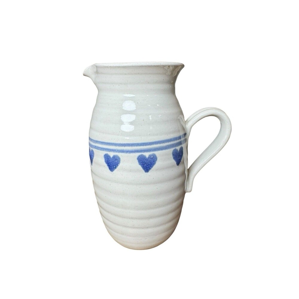 Vintage Pottery Water Tea Pitcher Blue Heart with Handle Marked M Cottagecore